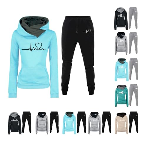 AACH Damen Sportswear 2-Teilig Set Heartbeat Druck Kapuzenjacke Hoodies Lässig Jogginghosen Y2K Zweiteiler Sportlich Pullover Bequem Sporthosen 2 Stück Freizeitanzug Lang Trainingsanzug von AACH