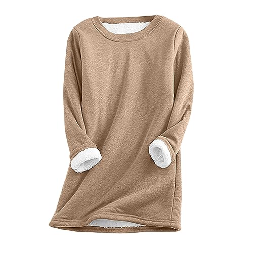 AACH Damen Teddy Fleece Sweatshirt Rundhals Pullover Oberteile Herbst Winter Teddyfleece Einfarbig Thermounterwäsche Warme Sherpa Gefüttertes Sweatshirts Casual Pulli Langarmshirt Tops von AACH