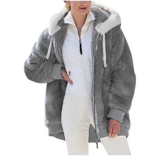 AACH Damen Teddy Fleecejacke mit Kapuze Plüschjacke Warme Winter Flauschjacke Warm Mantel Casual Kapuzenjacke mit Reißverschluss Hoodie Softjacket Bequem Weich Winterjacke Locker Plüschmantel von AACH
