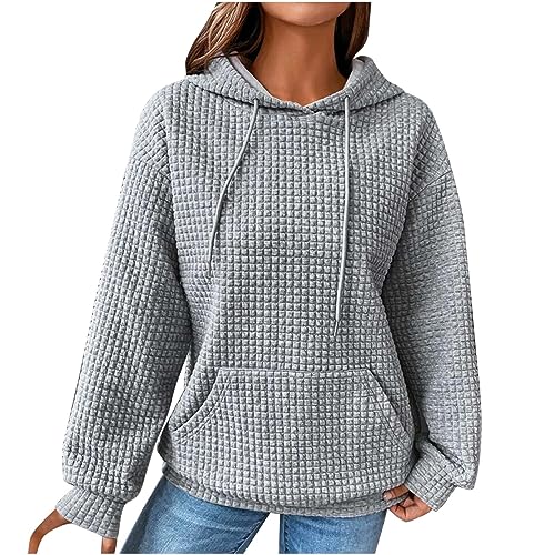 AACH Damen Waffel Sweatshirt Lässig Gestrickt Kapuzenpullover Basic Langarm Pullover mit Kapuze Hoodie Baumwolle Einfarbig Langarmshirt mit Taschen Pulli Oberteile für Herbst Winter von AACH