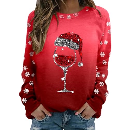 AACH Damen Weihnachten Sweatshirt Weihnachtspullover Casual Mode Langarmshirt Oberteile Weich Weihnachtspulli Weihnachts Oberteil Rotweinglas Weihnachten Geschenke Frauen von AACH