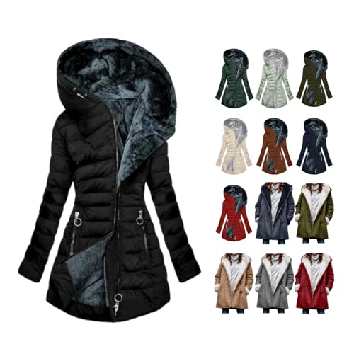 AACH Damen Winterjacke Lang Steppjacke Warmer Gefüttert Wintermantel Winter Outdoor Jacke Fleece Daunenjacke Baumwolle Elegant Pufferjacke Langarm Casual Fleecejacke mit Kapuze Winterparka von AACH