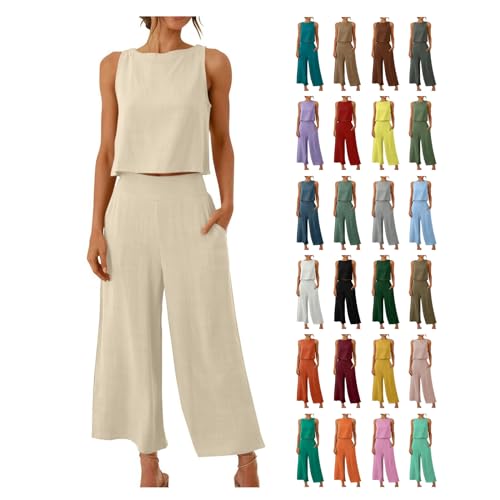 Damen Zweiteilige Outfits Lässiges Sommer Outfits Leinen Crop Tank Top und Hose 2-teilige Rundhals Ärmelloses Freizeitanzug mit Taschen Hosenanzug Lange Leicht Einfarbig Loungewear von AACH
