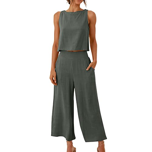 AACH Damen Zweiteilige Outfits Lässiges Sommer Outfits Leinen Crop Tank Top und Hose 2-teilige Rundhals Ärmelloses Freizeitanzug mit Taschen Hosenanzug Leicht lagerverkauf restposten von AACH