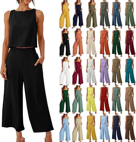 AACH Damen Zweiteilige Outfits Leinen Freizeitanzug Sommer Tank Top und Hose 2 Teiler Hosenanzug Casual Einfarbig Jogginganzug Elegant Leicht Loungewear mit Taschen Strand Leinenanzug von AACH