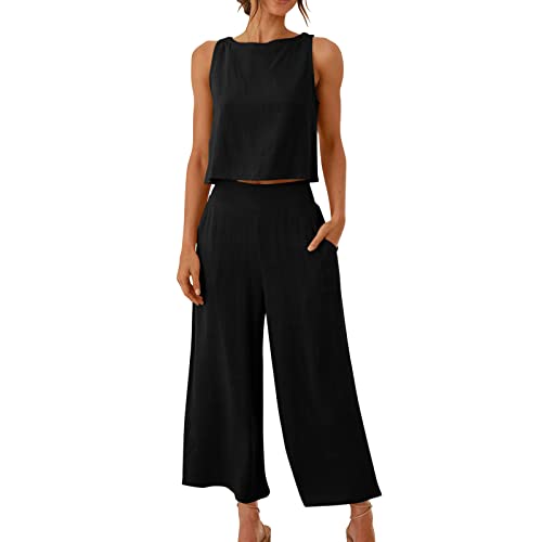 AACH Damen Zweiteilige Outfits Leinen Freizeitanzug Sommer Tank Top und Hose 2 Teiler Hosenanzug Casual Einfarbig Jogginganzug Elegant Leicht Loungewear mit Taschen Strand Leinenanzug von AACH