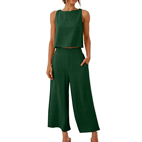 AACH Damen Zweiteilige Outfits Leinen Freizeitanzug Sommer Tank Top und Hose 2 Teiler Hosenanzug Casual Einfarbig Jogginganzug Elegant Leicht Loungewear mit Taschen Strand Leinenanzug von AACH