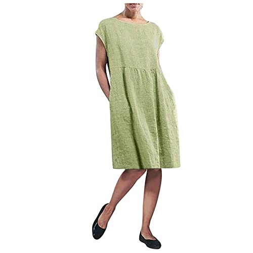 AACH Deal des Tages Sommerkleid Damen Leinen Kleider Casual O-Ausschnitt Midikleid Kurzarm Einfarbiges Kleid Hohe Taille Strandkleid Relaxed Fit Shirtkleider Luftig Sommerkleider von AACH