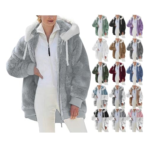 AACH Fleece Mantel für Damen Plüschjacke Warme Kapuzenjacke Reißverschluss mit Kapuze Plüschmantel Winter Verdicken Wintermantel Flauschige Elegant Teddyjacke Thermo Fleece Fleecejacke von AACH