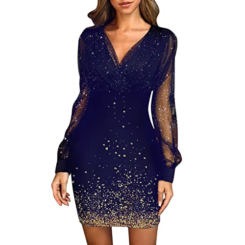 AACH Glitzerkleid Damen V-Ausschnitt Partykleid Elegant Kleid Club Outfits Cocktailkleider Glitzer Etuikleid mit Spitze Pailettenkleider Pailletten Abendkleid Langarm Mesh Freizeitkleider von AACH