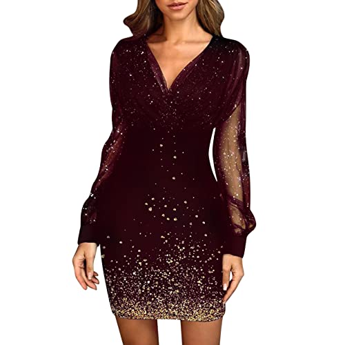 AACH Glitzerkleid Damen V-Ausschnitt Partykleid Elegant Kleid Club Outfits Cocktailkleider Glitzer Etuikleid mit Spitze Pailettenkleider Pailletten Abendkleid Langarm Mesh Freizeitkleider von AACH