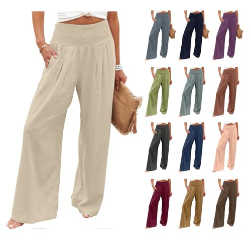 AACH Hose Damen Leinen Sommerhose Casual Leichte Baumwolle Leinenhose Stoffhose Bequeme Luftige Freizeithose Strandhose mit Taschen Freizeithose Weites Bein Angebote Damen Kleidung von AACH