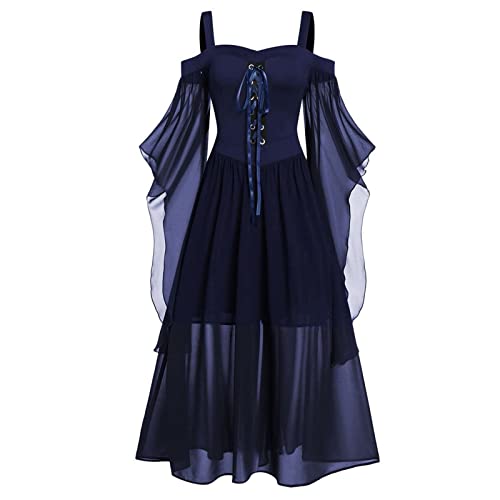 AACH Kleid Damen Mittelalter Vintage Maxikleid Große Größen Tunikakleid Halloween Karneval Kostüm Fledermausärmel Kleider Cosplay Lange Partykleid Mesh Kleidung Renaissance Kostüme von AACH