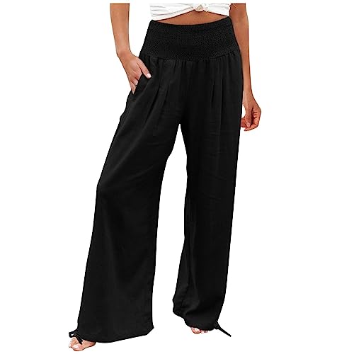 AACH Leinenhose für Damen Sommer mit hoher Taille Hosen Leichte Weite Hose Casual Stoffhose Bequem Einfarbig Sommerhose Strand lockere Lange Hose Leinen Boho lässig Freizeithose von AACH