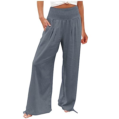 AACH Leinenhose für Damen Sommer mit hoher Taille Hosen Leichte Weite Hose Casual Stoffhose Bequem Einfarbig Sommerhose Strand lockere Lange Hose Leinen Boho lässig Freizeithose von AACH