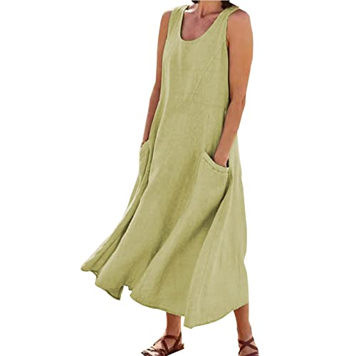 AACH Leinenkleid Damen Sommer Kleid Knielang Freizeitkleid Baumwolle Leinen Strandkleid U-Ausschnitt Sommerkleid Ärmelloses Boho Leinenkleider Einfarbig Strandkleider mit Taschen Kleider von AACH