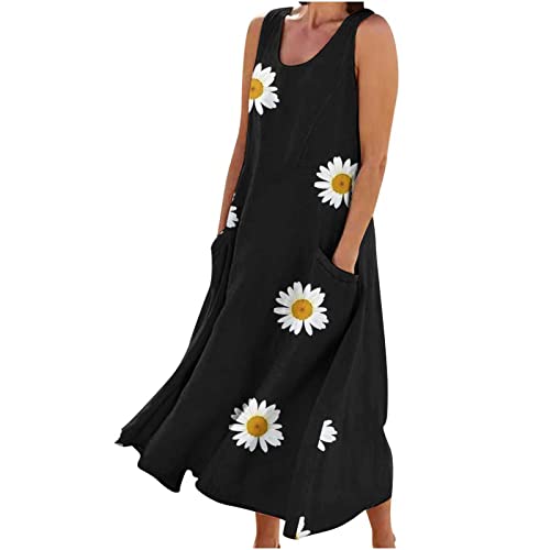 AACH Leinenkleid Damen Sommer Strandkleid Lockeres Kleid Unifarben Leinen Sommerkleid Weich Einfach Kleider Täglich Lässig Modischen Maxikleid Elegante Blumenkleid Lockeres Partykleid von AACH