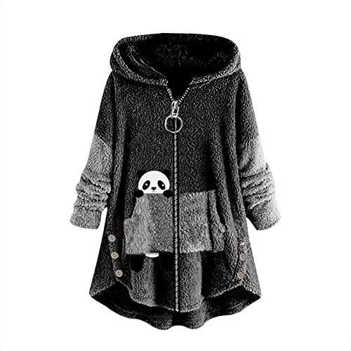 AACH Plüschjacke Damen Warm Wintermantel Fleece Plüschmantel mit Reißverschluss Sweatjacke Stilvolle Sweatshirt mit Kapuze Kapuzenpulli Dicke Warm Hoodies Panda-Druck Wickeljacke von AACH