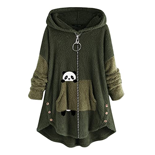 AACH Plüschjacke Damen Warm Wintermantel Fleece Plüschmantel mit Reißverschluss Sweatjacke Stilvolle Sweatshirt mit Kapuze Kapuzenpulli Dicke Warm Hoodies Panda-Druck Wickeljacke von AACH