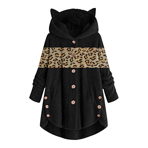 AACH Plüschmantel Damen Winter Kapuzenpullover Langarm Hoodie Wintermantel Leopardenmuster Patchwork Plüschjacke Kätzchen-Ohren Fleecemantel Thermo Fleece Wollmantel Süßes Winterjacke von AACH