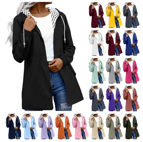 AACH Regenjacke Damen Lange Softshelljacke Wasserdichte Atmungsaktive Regenmantel mit Kapuze Regenparka Gefüttert Übergangsjacke Windproof Bequeme Wanderjacke Casual Mode Windjacke von AACH
