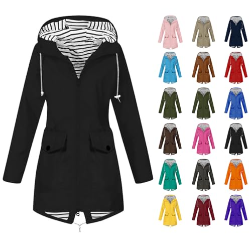 AACH Regenjacke Damen Wasserdicht Lang Übergangsjacke Atmungsaktiv Softshelljacke Einfarbig Outdoor Regenmantel mit Kapuze Funktionsjacke Leichte Gefüttert Windbreaker Große Größen Regenparka von AACH