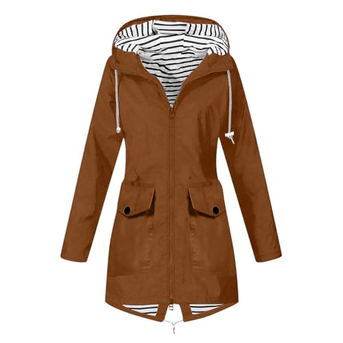 AACH Regenjacke Damen Wasserdicht Lang Übergangsjacke Atmungsaktiv Softshelljacke Einfarbig Outdoor Regenmantel mit Kapuze Funktionsjacke Leichte Gefüttert Windbreaker Große Größen Regenparka von AACH