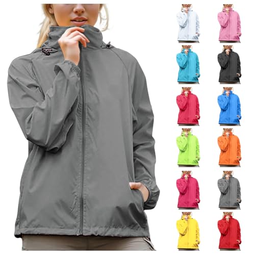 AACH Regenjacke Damen Wasserdichte Jacke Ultraleicht Regenmantel Langarm Funktionsjacke Sonnenschutz Mantel Sportlich Dünne Outdoorjacke mit Kapuze Regenparka Full Zip Locker Windjacke von AACH