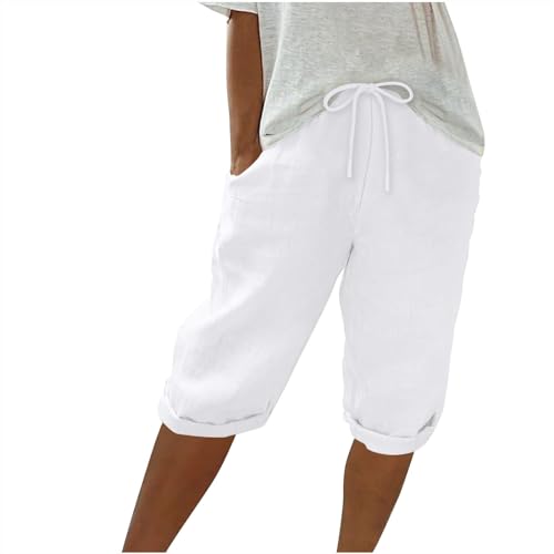 AACH Sommerhose Damen Sommer 3/8 Knielang Kurze Hosen Leicht und Luftig Locker Hose Hohe Taille Caprihose Elastisch Einfarbig Strandhose Stoffhose Freizeithose von AACH