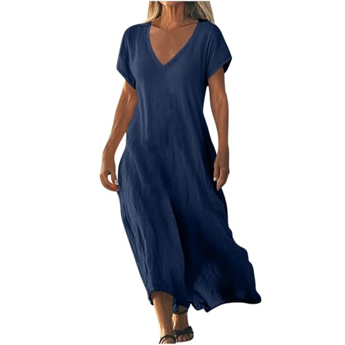 AACH Strandkleid Damen Lang Sommerkleider Elegant Kurzarm Freizeitkleid Lose Boho Maxikleid V-Ausschnitt Kleider Baumwolle Leinen Kleid Einfarbig Beach Leinenkleid Casual Fließend Blusenkleid von AACH