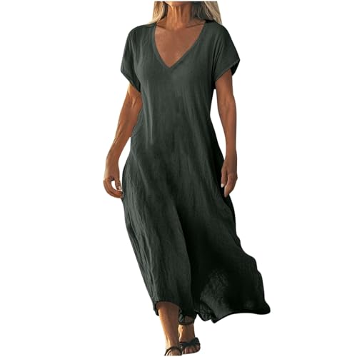 AACH Strandkleid Damen Lang Sommerkleider Elegant Kurzarm Freizeitkleid Lose Boho Maxikleid V-Ausschnitt Kleider Baumwolle Leinen Kleid Einfarbig Beach Leinenkleid Casual Fließend Blusenkleid von AACH