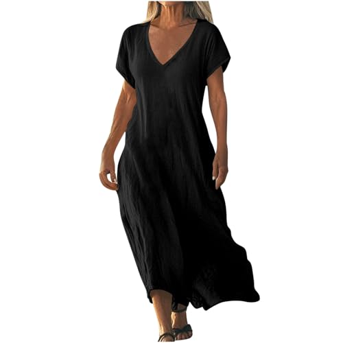 Strandkleid Damen Lang Sommerkleider Elegant Kurzarm Freizeitkleid Lose Boho Maxikleid V-Ausschnitt Kleider Baumwolle Leinen Kleid Einfarbig Beach Leinenkleid Casual Fließend Blusenkleid von AACH
