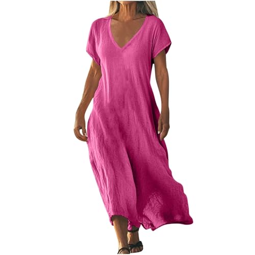 Strandkleid Damen Lang Sommerkleider Elegant Kurzarm Freizeitkleid Lose Boho Maxikleid V-Ausschnitt Kleider Baumwolle Leinen Kleid Einfarbig Beach Leinenkleid Casual Fließend Blusenkleid von AACH