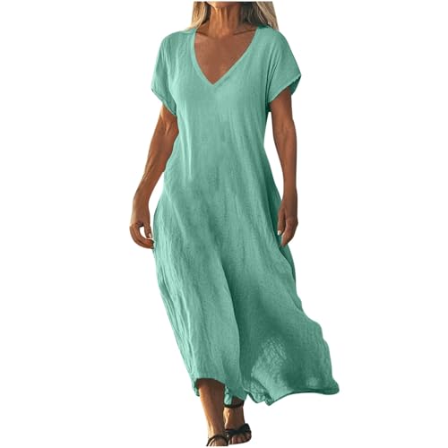 Strandkleid Damen Lang Sommerkleider Elegant Kurzarm Freizeitkleid Lose Boho Maxikleid V-Ausschnitt Kleider Baumwolle Leinen Kleid Einfarbig Beach Leinenkleid Casual Fließend Blusenkleid von AACH