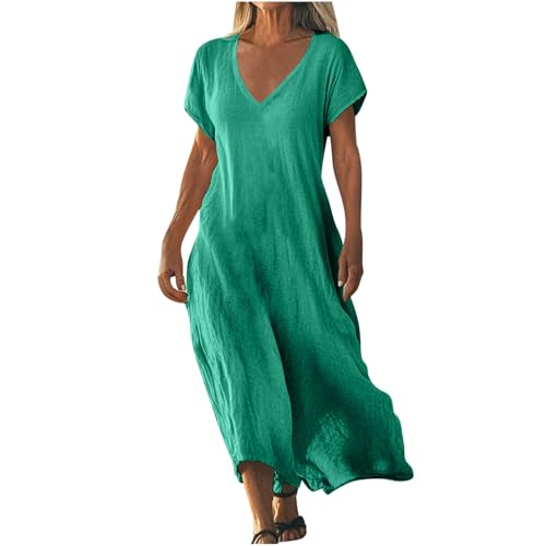 Strandkleid Damen Lang Sommerkleider Elegant Kurzarm Freizeitkleid Lose Boho Maxikleid V-Ausschnitt Kleider Baumwolle Leinen Kleid Einfarbig Beach Leinenkleid Casual Fließend Blusenkleid von AACH