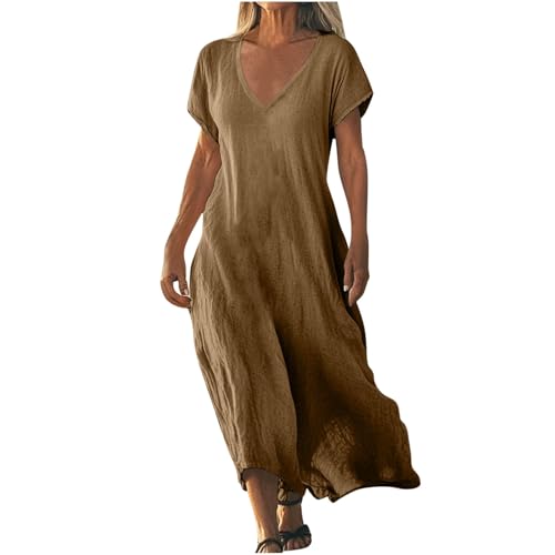 Strandkleid Damen Lang Sommerkleider Elegant Kurzarm Freizeitkleid Lose Boho Maxikleid V-Ausschnitt Kleider Baumwolle Leinen Kleid Einfarbig Beach Leinenkleid Casual Fließend Blusenkleid von AACH
