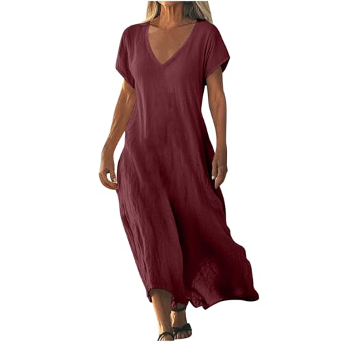Strandkleid Damen Lang Sommerkleider Elegant Kurzarm Freizeitkleid Lose Boho Maxikleid V-Ausschnitt Kleider Baumwolle Leinen Kleid Einfarbig Beach Leinenkleid Casual Fließend Blusenkleid von AACH