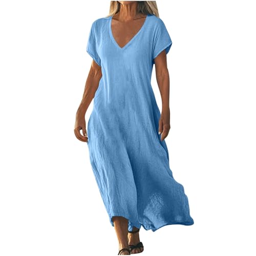 Strandkleid Damen Lang Sommerkleider Elegant Kurzarm Freizeitkleid Lose Boho Maxikleid V-Ausschnitt Kleider Baumwolle Leinen Kleid Einfarbig Beach Leinenkleid Casual Fließend Blusenkleid von AACH