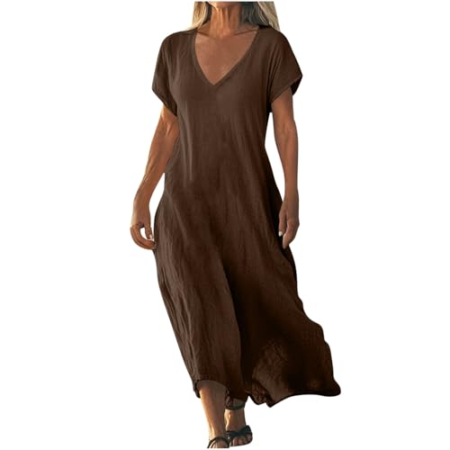Strandkleid Damen Lang Sommerkleider Elegant Kurzarm Freizeitkleid Lose Boho Maxikleid V-Ausschnitt Kleider Baumwolle Leinen Kleid Einfarbig Beach Leinenkleid Casual Fließend Blusenkleid von AACH