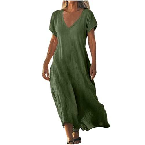 Strandkleid Damen Lang Sommerkleider Elegant Kurzarm Freizeitkleid Lose Boho Maxikleid V-Ausschnitt Kleider Baumwolle Leinen Kleid Einfarbig Beach Leinenkleid Casual Fließend Blusenkleid von AACH