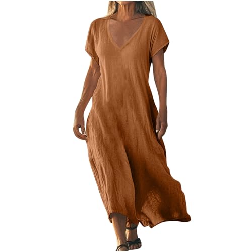 Strandkleid Damen Lang Sommerkleider Elegant Kurzarm Freizeitkleid Lose Boho Maxikleid V-Ausschnitt Kleider Baumwolle Leinen Kleid Einfarbig Beach Leinenkleid Casual Fließend Blusenkleid von AACH
