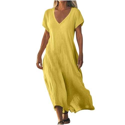 AACH Strandkleid Damen Lang Sommerkleider Elegant Kurzarm Freizeitkleid Lose Boho Maxikleid V-Ausschnitt Kleider Baumwolle Leinen Kleid Einfarbig Beach Leinenkleid Casual Fließend Blusenkleid von AACH