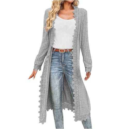 AACH Strickjacken für Damen Elegant Gerippt Cardigan Langarm Ubergangs Strickcardigan Wärmen Gestrickt Mantel Trendiges Casual Strickpullover Offene Vorderseite Spitzen Longstrickjacke von AACH