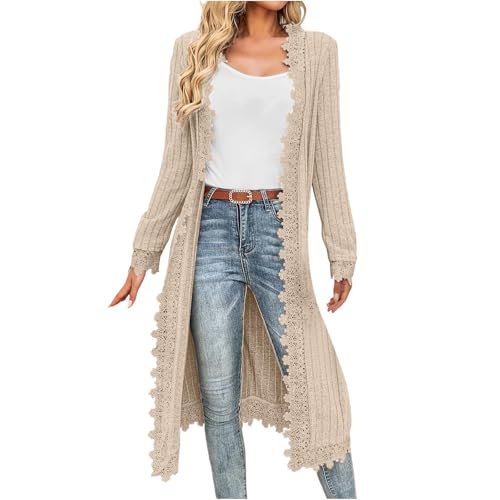 AACH Strickjacken für Damen Elegant Gerippt Cardigan Langarm Ubergangs Strickcardigan Wärmen Gestrickt Mantel Trendiges Casual Strickpullover Offene Vorderseite Spitzen Longstrickjacke von AACH