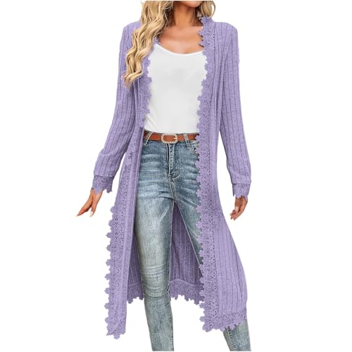 AACH Strickjacken für Damen Elegant Gerippt Cardigan Langarm Ubergangs Strickcardigan Wärmen Gestrickt Mantel Trendiges Casual Strickpullover Offene Vorderseite Spitzen Longstrickjacke von AACH