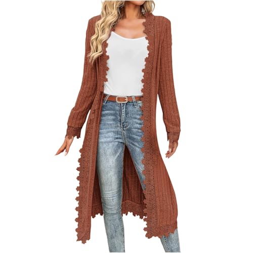 AACH Strickjacken für Damen Elegant Gerippt Cardigan Langarm Ubergangs Strickcardigan Wärmen Gestrickt Mantel Trendiges Casual Strickpullover Offene Vorderseite Spitzen Longstrickjacke von AACH