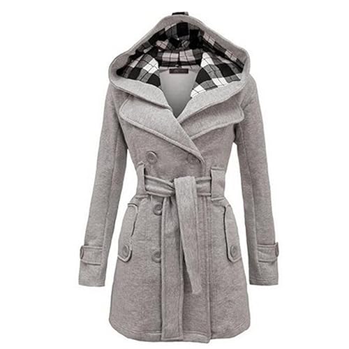 AACH Trenchcoat Damen Winter Wollmantel Langärmelige Oversized Winterjacke Karierter Druck Übergangsjacke mit Gürtel Fleecemantel Wärmen Knöpfen Kapuzenjacke Temperament Freizeitjacke von AACH
