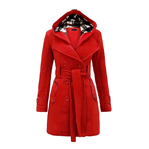 AACH Trenchcoat Damen Winter Wollmantel Langärmelige Oversized Winterjacke Karierter Druck Übergangsjacke mit Gürtel Fleecemantel Wärmen Knöpfen Kapuzenjacke Temperament Freizeitjacke von AACH