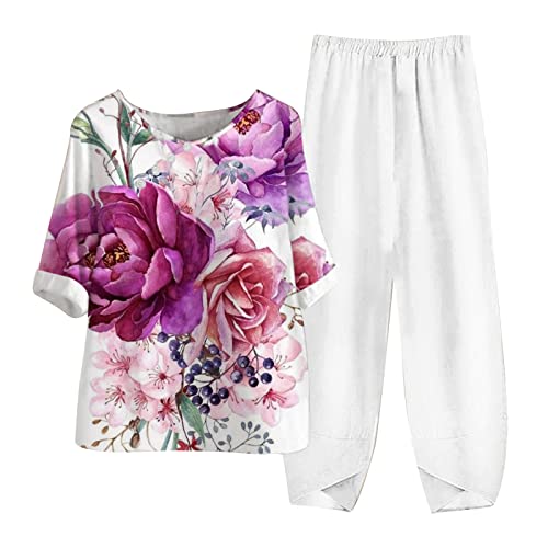 AACH Zweiteiler Damen Sommer Elegant Freizeithose Leinen Outfit GroßE GrößE 2 Teiler Hosenanzug Set Lässig Kurzarm Oberteil und Weite Hose Caprihose angebote des tages heute damen von AACH