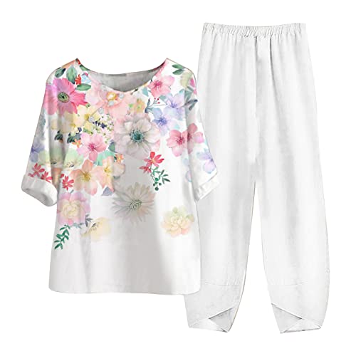 AACH Zweiteiler Damen Sommer Elegant Freizeithose Leinen Outfit GroßE GrößE 2 Teiler Hosenanzug Set Lässig Kurzarm Oberteil und Weite Hose Caprihose befristetes angebot heute von AACH